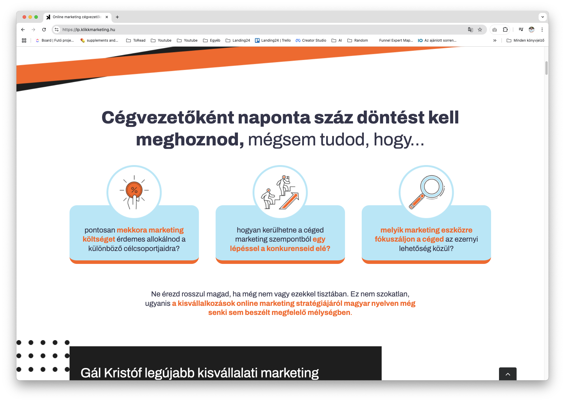 A Landing oldalakon a navigáció minimális, ezáltal a fókusz megmarad