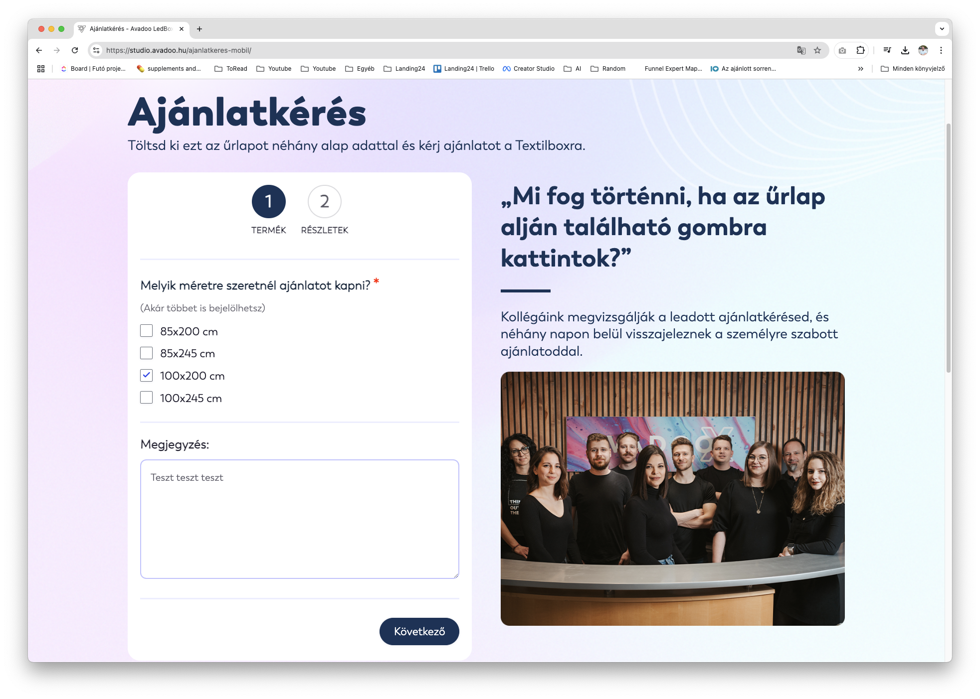 Az ajánlatkérő Landing oldal CTA-ja mindig egy űrlap kitöltése